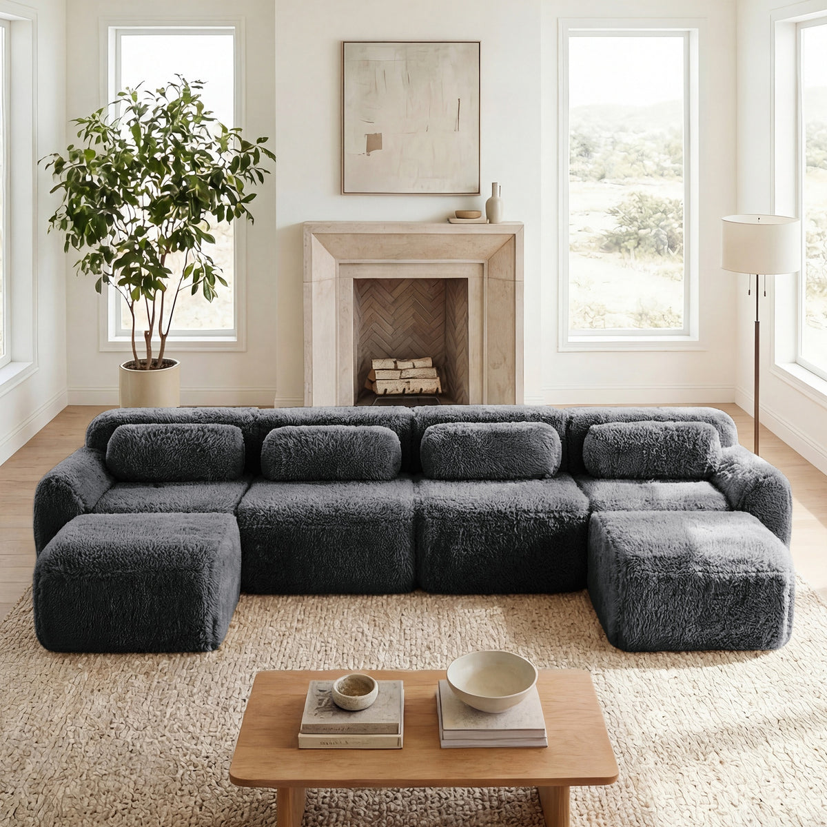 U-shaped Boneless Sofa 32D High Density Sponge Bottom Anti-Slip Design No Assembly Required Ergonomic Design Free Combination Full-compression Vacuum Packaging For Living Rooms,Studies,Dark Grey