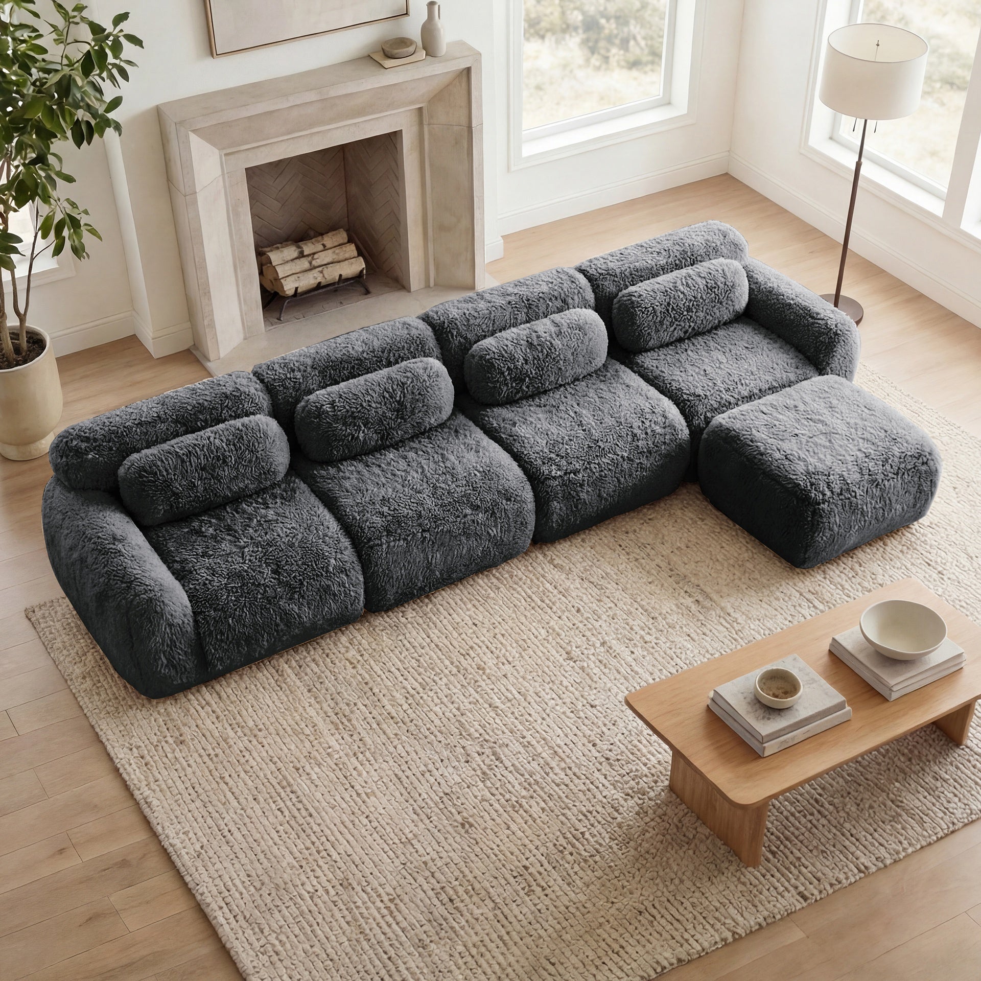 L-shaped Soft And Fluffy Plush Fabric,Modular Sectional Sofa Couches,32D High Density Sponge Bottom Anti-Slip Design,Free Combination Buckle Connection,No Assembly Required,For Living Rooms,Dark Grey