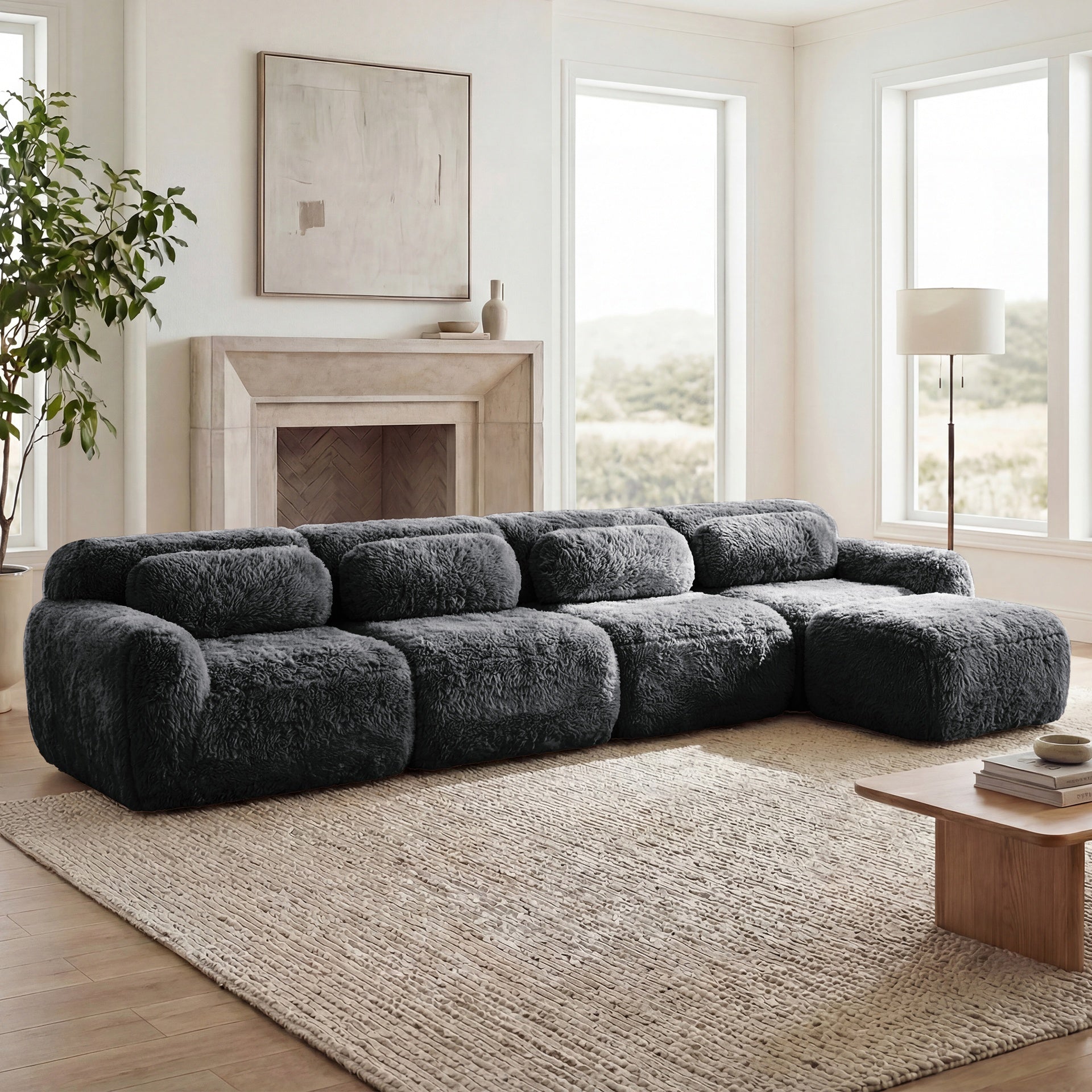 L-shaped Soft And Fluffy Plush Fabric,Modular Sectional Sofa Couches,32D High Density Sponge Bottom Anti-Slip Design,Free Combination Buckle Connection,No Assembly Required,For Living Rooms,Dark Grey