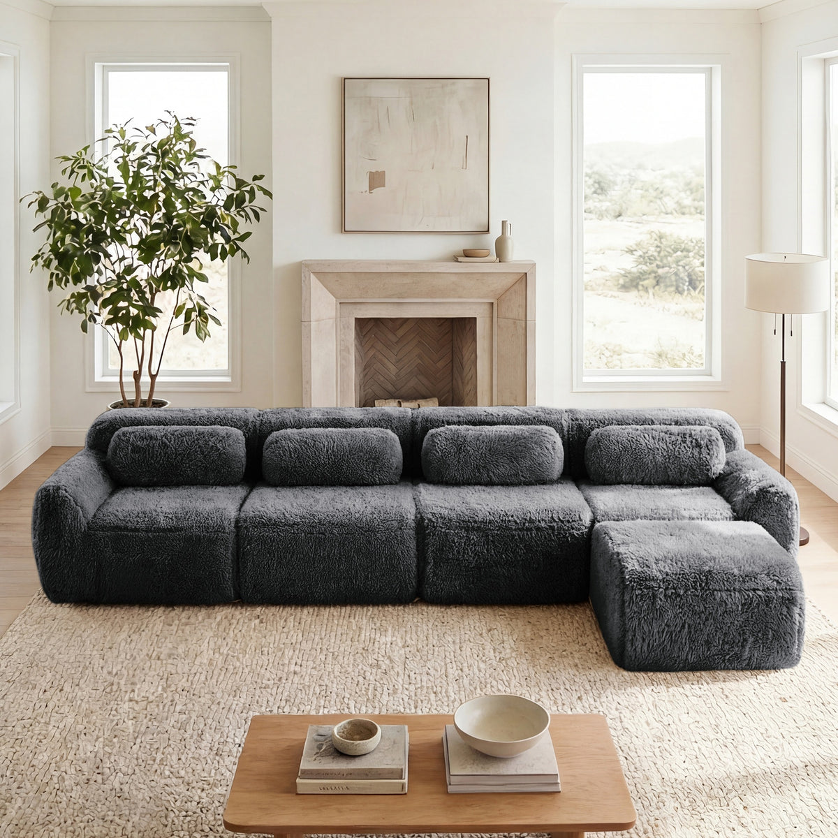 L-shaped Soft And Fluffy Plush Fabric,Modular Sectional Sofa Couches,32D High Density Sponge Bottom Anti-Slip Design,Free Combination Buckle Connection,No Assembly Required,For Living Rooms,Dark Grey