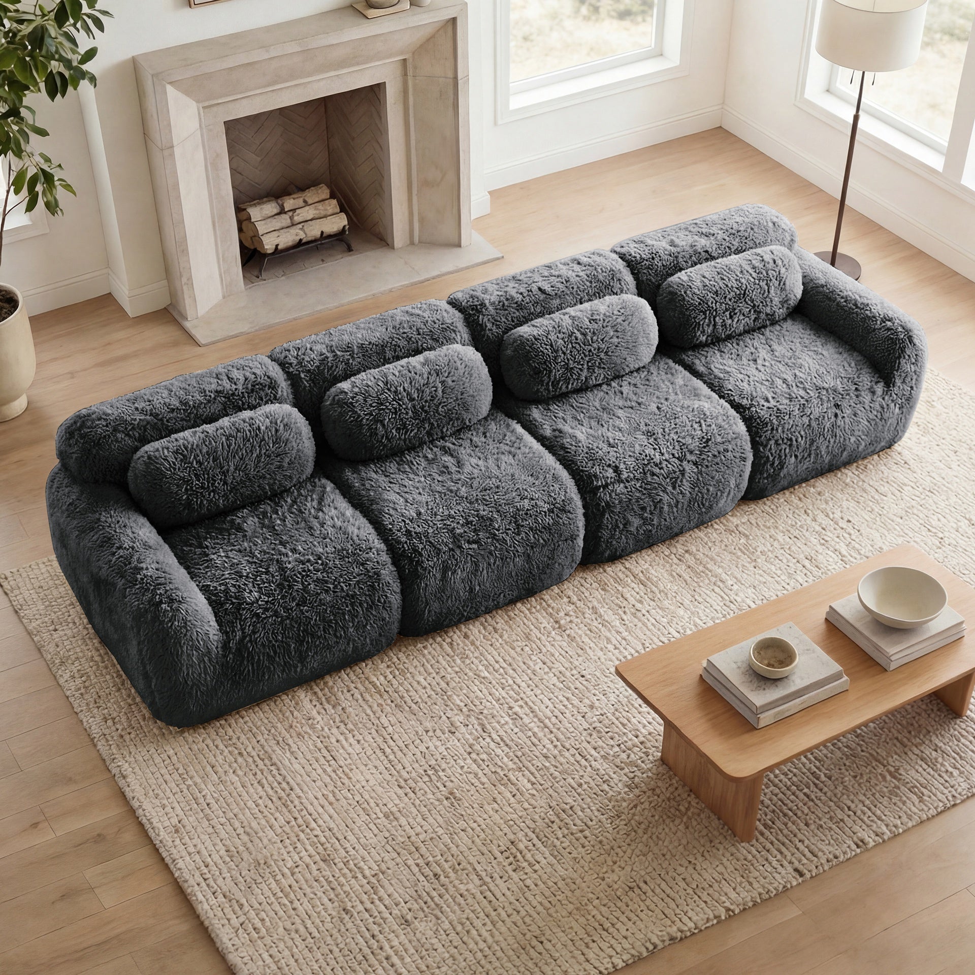 149'' Soft And Fluffy Plush Fabric,Boneless Sofa,32D High Density Sponge Ergonomic Design,Full-compression Vacuum Packaging,Free Combination Buckle Connection For Bedroom,Study,Home Theater,Dark Grey
