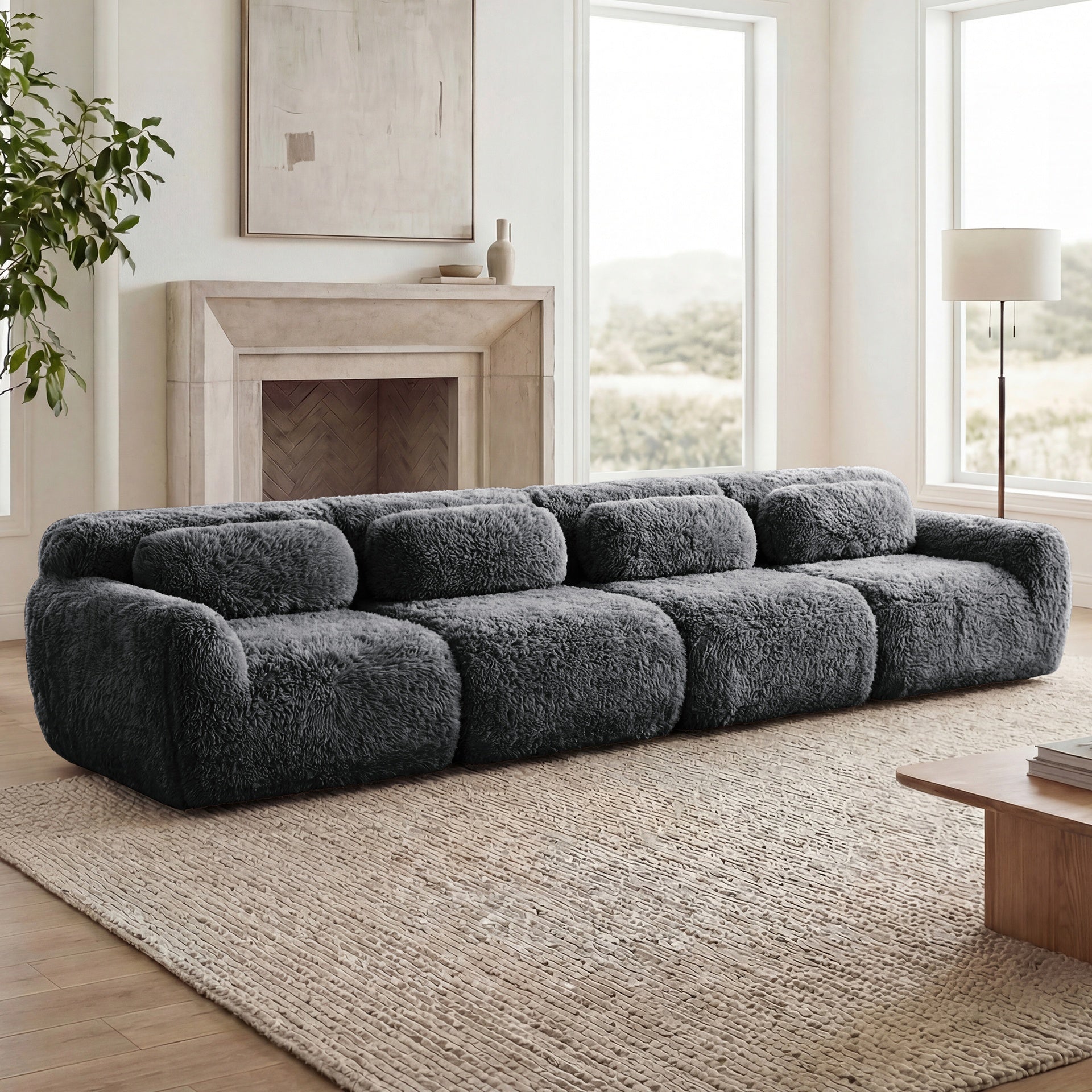 149'' Soft And Fluffy Plush Fabric,Boneless Sofa,32D High Density Sponge Ergonomic Design,Full-compression Vacuum Packaging,Free Combination Buckle Connection For Bedroom,Study,Home Theater,Dark Grey