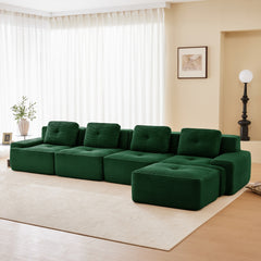 153" Modern L-Shaped Modular Sectional Sofa for Living Room, Corduroy Fabric, 4-Seater Couch with Deep Seat and Movable Ottoman, Pearl-like piping, Tufted Design, No Assembly, Anti-slip Design,Green