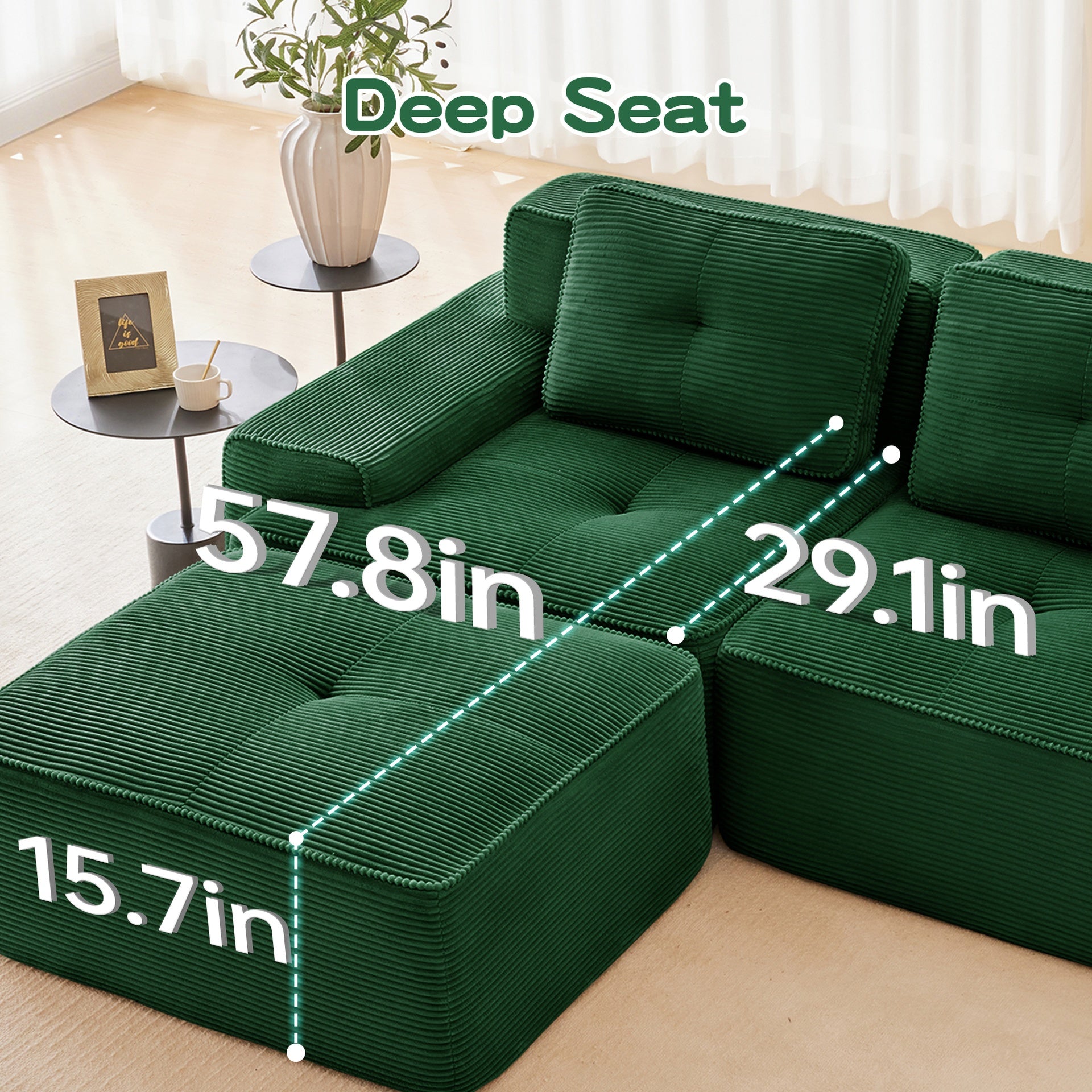153" Modern L-Shaped Modular Sectional Sofa for Living Room, Corduroy Fabric, 4-Seater Couch with Deep Seat and Movable Ottoman, Pearl-like piping, Tufted Design, No Assembly, Anti-slip Design,Green