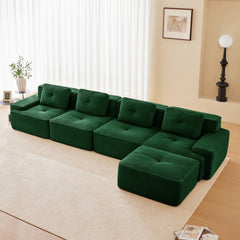153" Modern L-Shaped Modular Sectional Sofa for Living Room, Corduroy Fabric, 4-Seater Couch with Deep Seat and Movable Ottoman, Pearl-like piping, Tufted Design, No Assembly, Anti-slip Design,Green