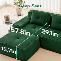 153" Modern Modular Sectional Sofa for Living Room, Corduroy Fabric,4-Seater Couch with Deep Seat, Pearl-like piping, Tufted Design, Buckle connection, No Assembly, Anti-slip Design, Green