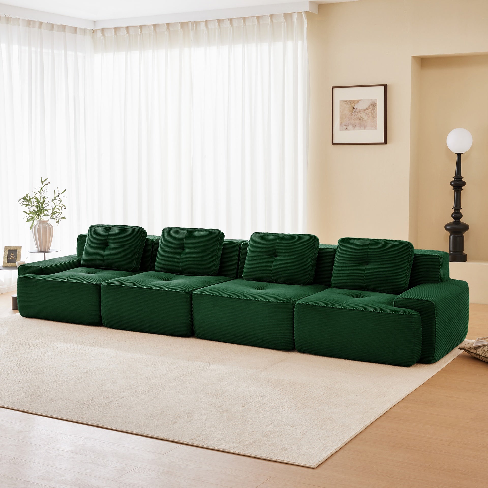 153" Modern Modular Sectional Sofa for Living Room, Corduroy Fabric,4-Seater Couch with Deep Seat, Pearl-like piping, Tufted Design, Buckle connection, No Assembly, Anti-slip Design, Green