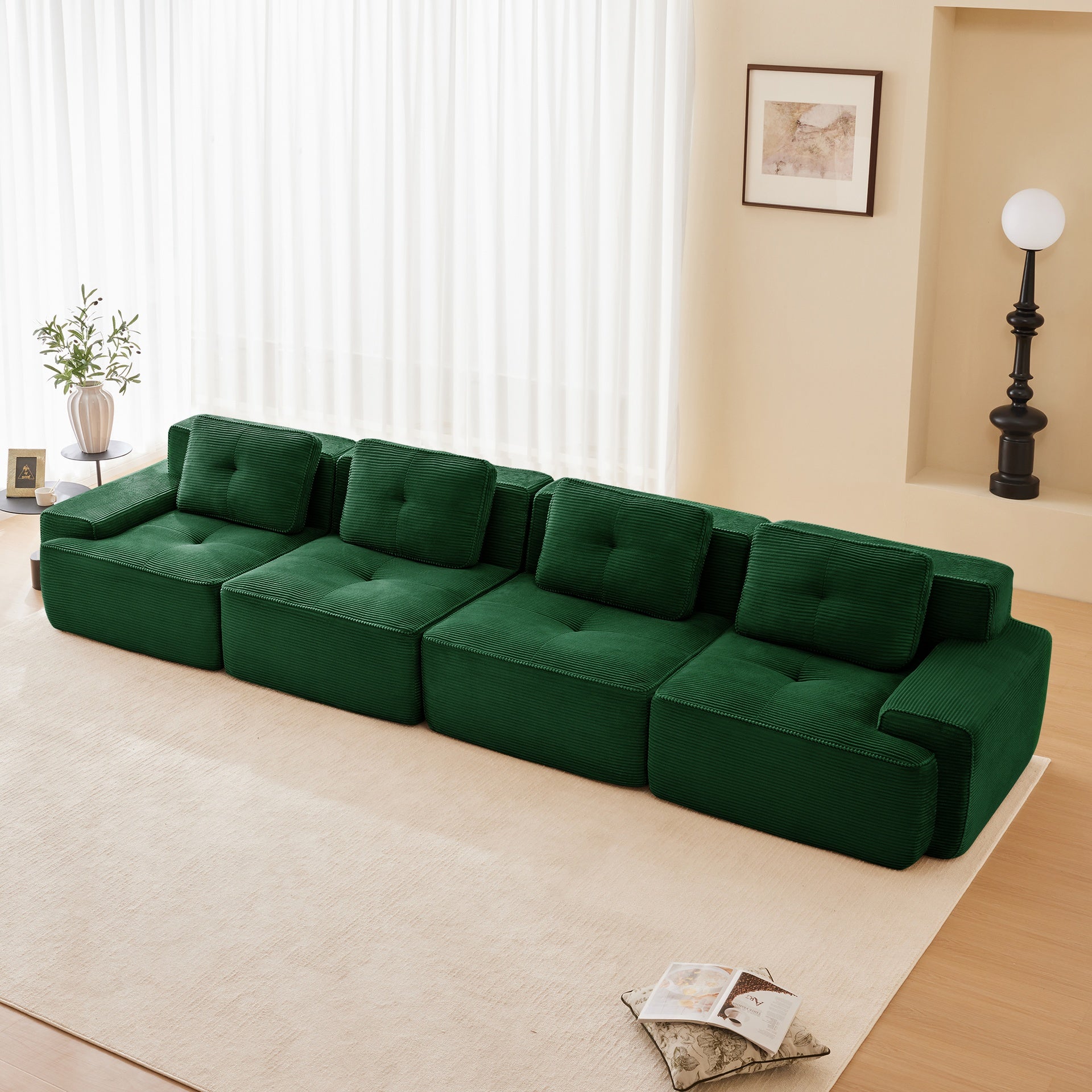153" Modern Modular Sectional Sofa for Living Room, Corduroy Fabric,4-Seater Couch with Deep Seat, Pearl-like piping, Tufted Design, Buckle connection, No Assembly, Anti-slip Design, Green