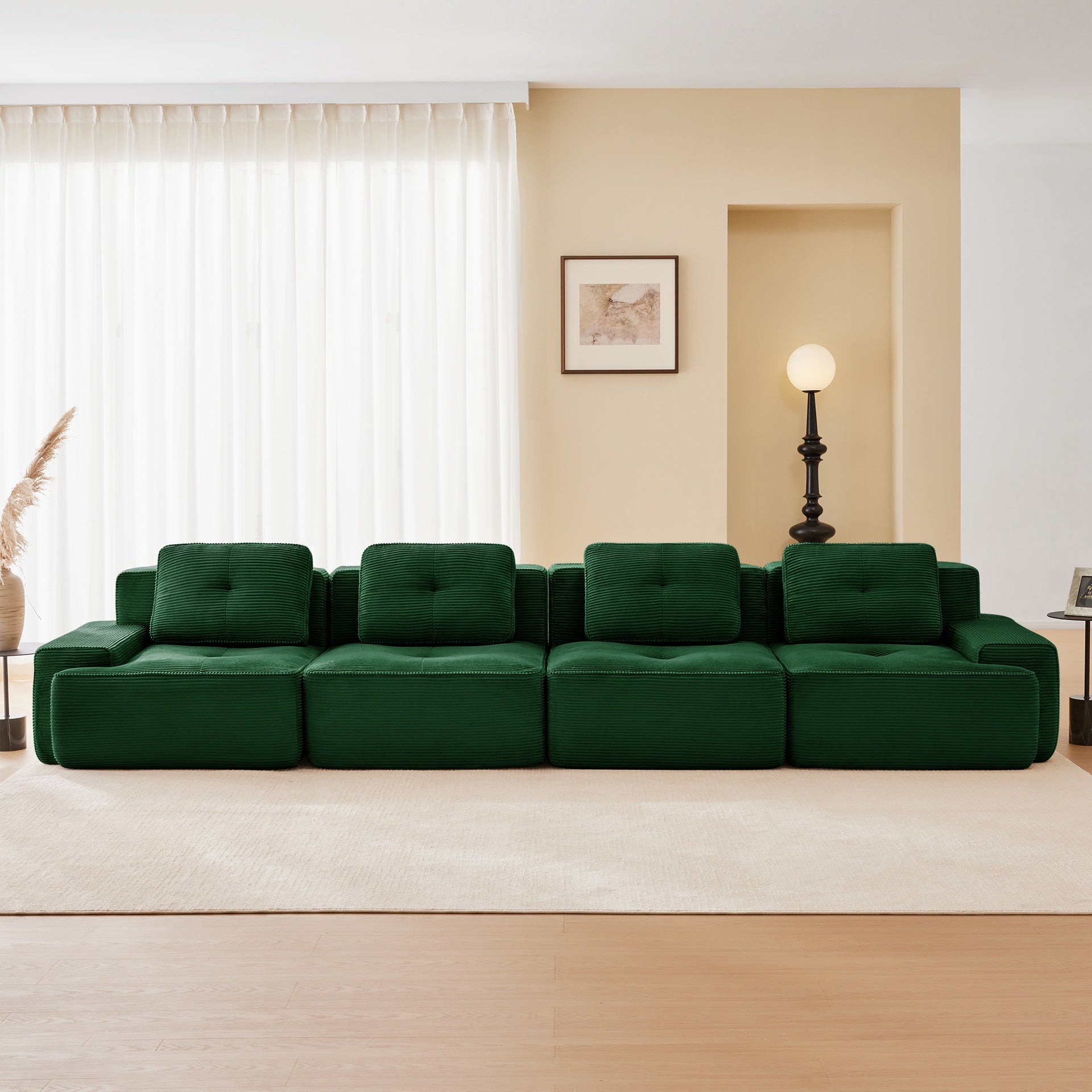 153" Modern Modular Sectional Sofa for Living Room, Corduroy Fabric,4-Seater Couch with Deep Seat, Pearl-like piping, Tufted Design, Buckle connection, No Assembly, Anti-slip Design, Green