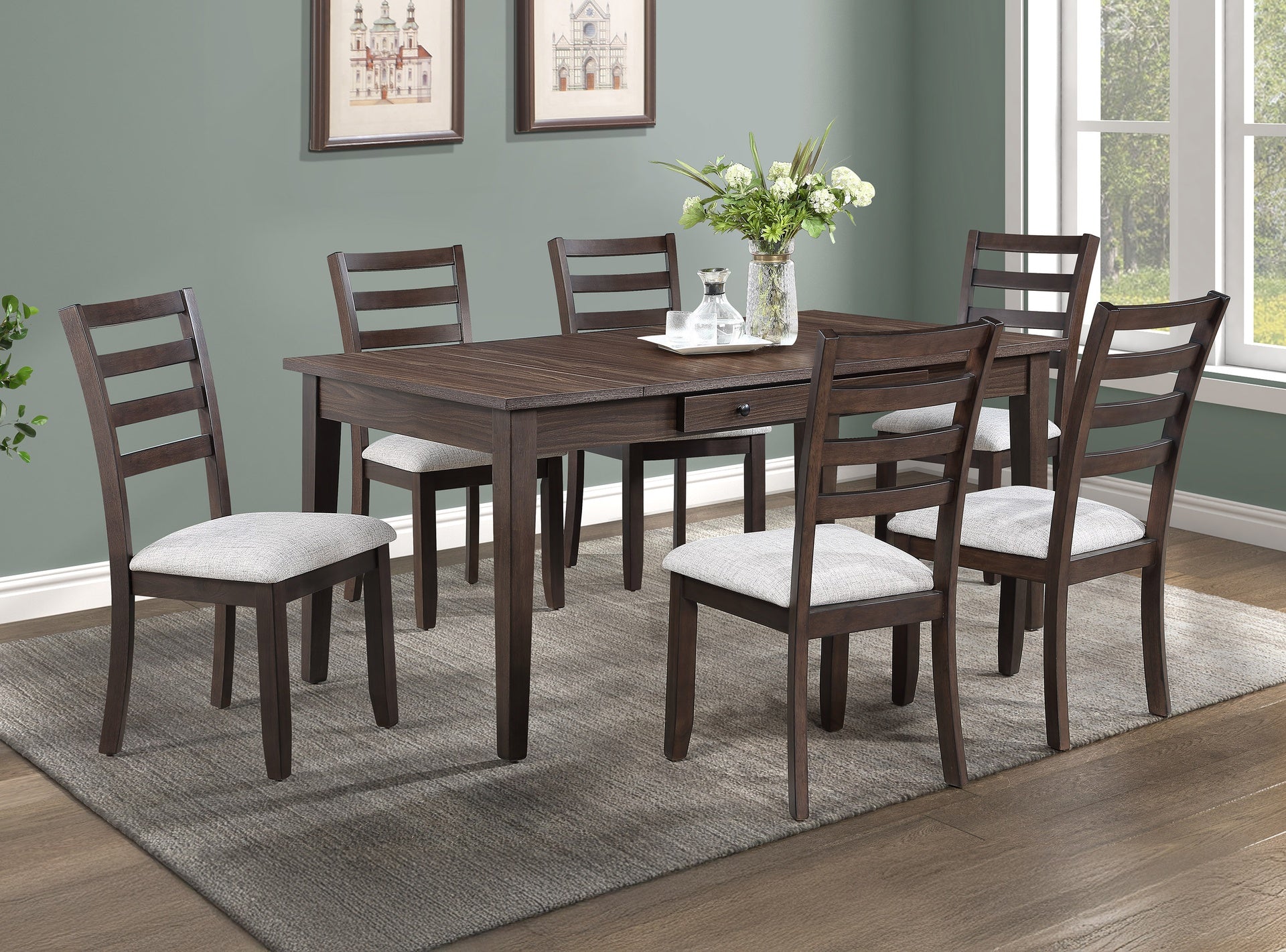 7pc Multifunctional Dining Table Rich Wood Finish Dual Ended Hidden Storage Compartments Two Built-in Side Drawers Upholstered ladder Back Chairs Wooden Dining Room Furniture