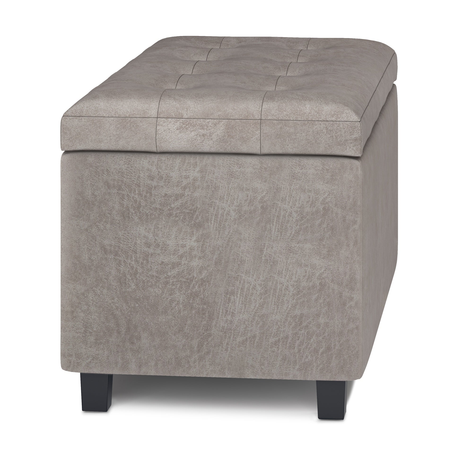 Cosmopolitan 34 inch Wide Storage Ottoman in Distressed Grey Taupe Vegan Leather