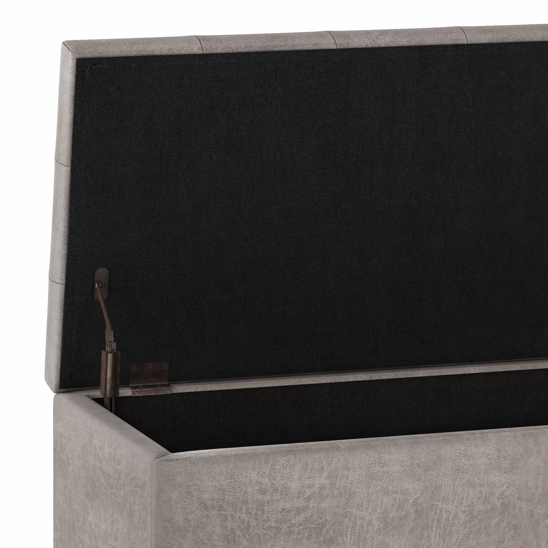 Cosmopolitan 34 inch Wide Storage Ottoman in Distressed Grey Taupe Vegan Leather