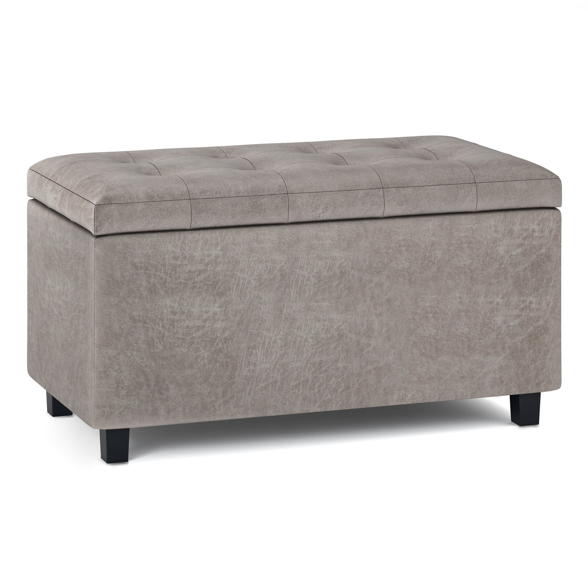 Cosmopolitan 34 inch Wide Storage Ottoman in Distressed Grey Taupe Vegan Leather
