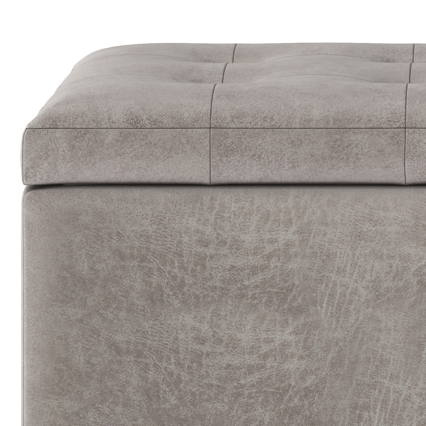 Cosmopolitan 34 inch Wide Storage Ottoman in Distressed Grey Taupe Vegan Leather