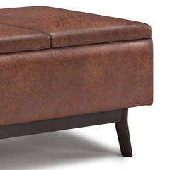 Owen 34 inch Wide Tray Top Small Coffee Table Storage Ottoman in Distressed Saddle Brown Vegan Leather