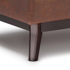 Owen 34 inch Wide Tray Top Small Coffee Table Storage Ottoman in Distressed Saddle Brown Vegan Leather
