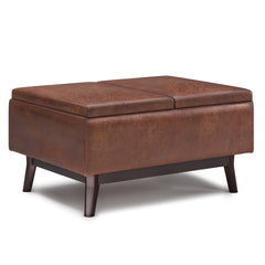 Owen 34 inch Wide Tray Top Small Coffee Table Storage Ottoman in Distressed Saddle Brown Vegan Leather