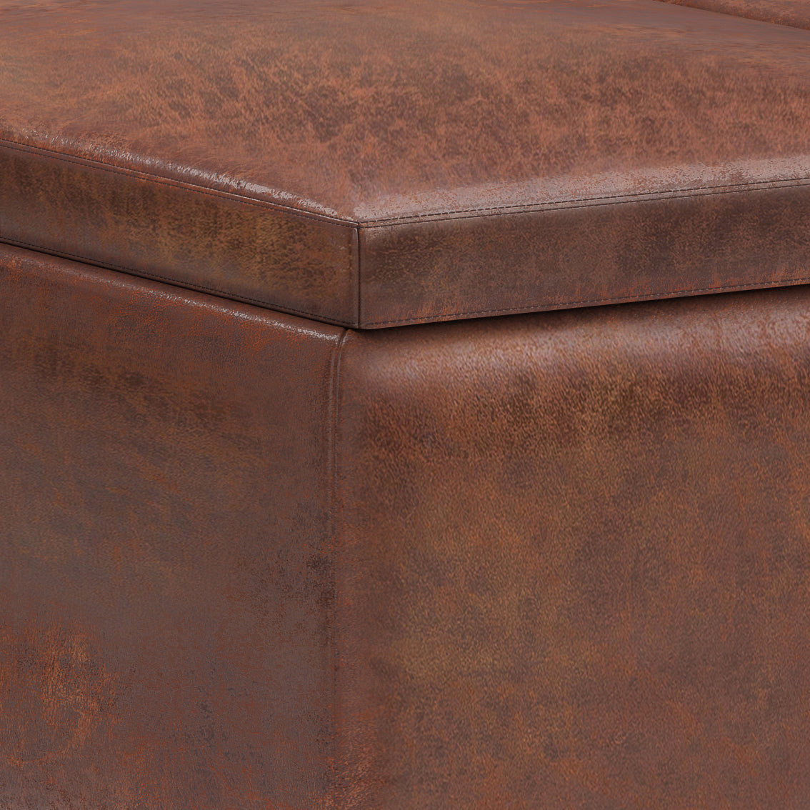 Owen 34 inch Wide Tray Top Small Coffee Table Storage Ottoman in Distressed Saddle Brown Vegan Leather