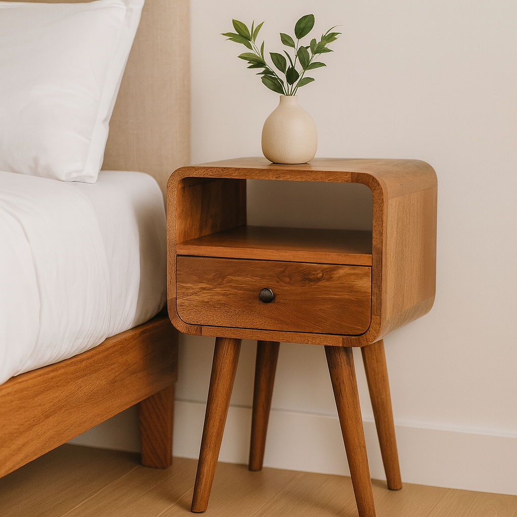 Solid Wood Mini Oak-ish Curve nightstand,1-Drawer, 1 Open-Slot, Brown