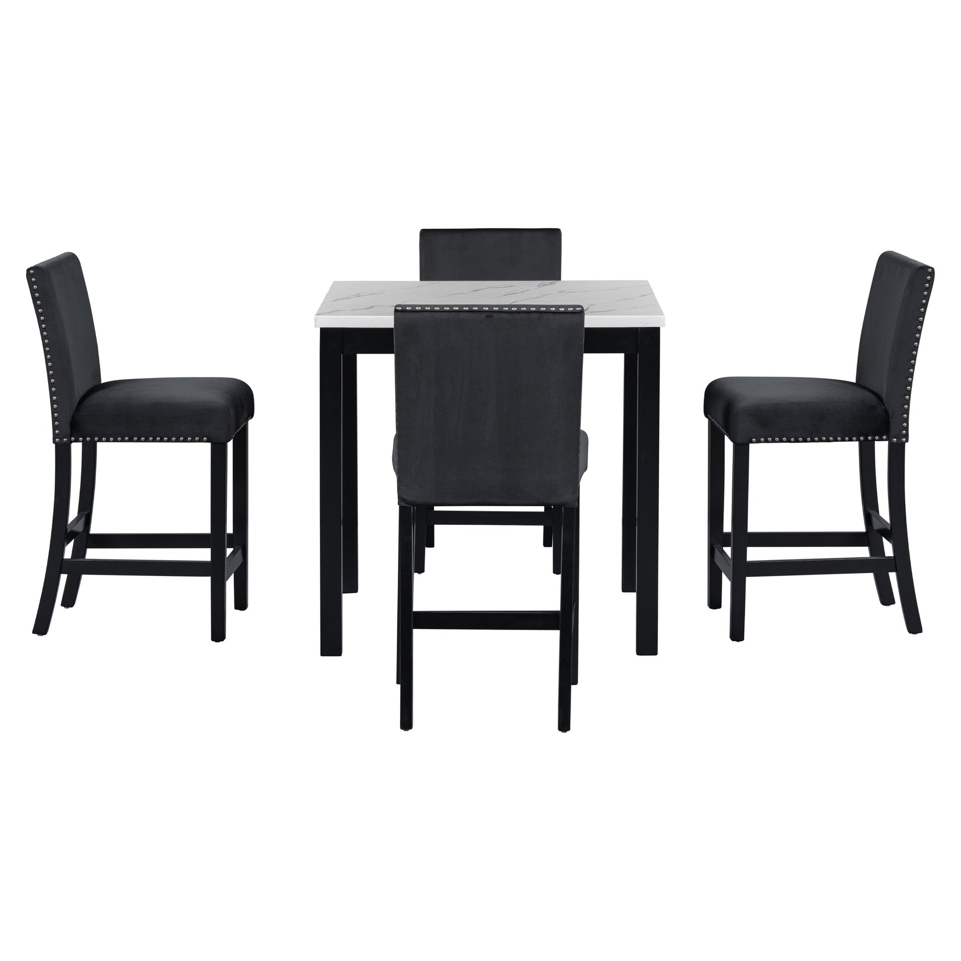 5-piece Counter Height Dining Table Set with One Faux Marble Top Dining Table and Four Velvet-Upholstered Chairs,Black
