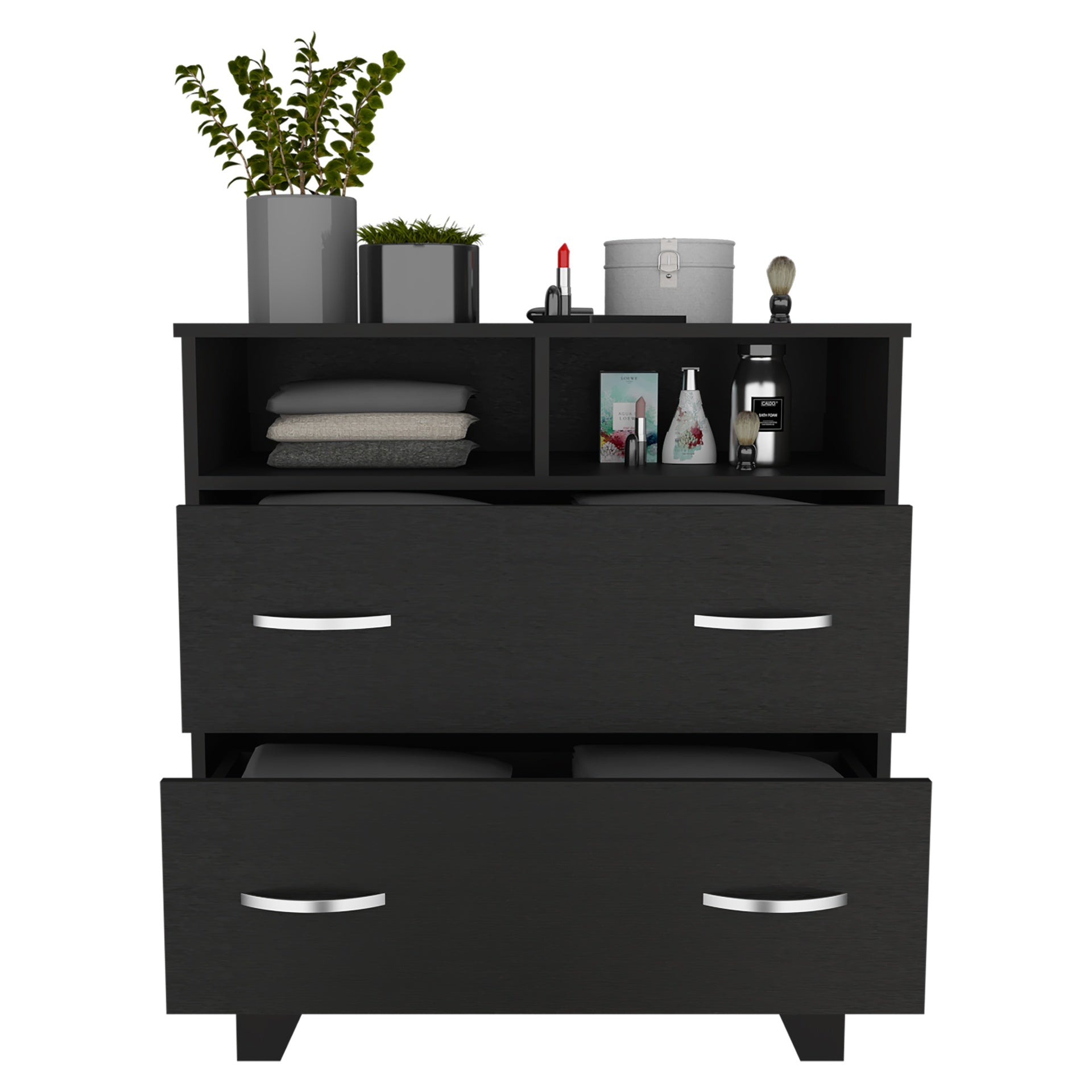 Portanova Two Drawer Dresser, Two Open Shelves, Superior Top,  Four Legs -Black