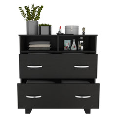 Portanova Two Drawer Dresser, Two Open Shelves, Superior Top,  Four Legs -Black