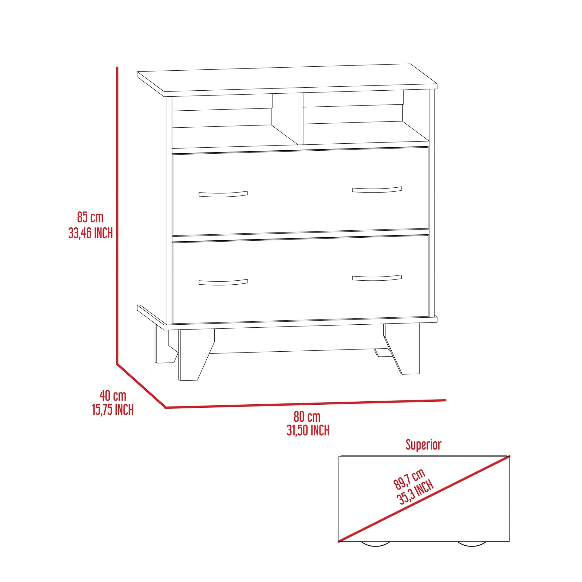 Portanova Two Drawer Dresser, Two Open Shelves, Superior Top,  Four Legs -Black
