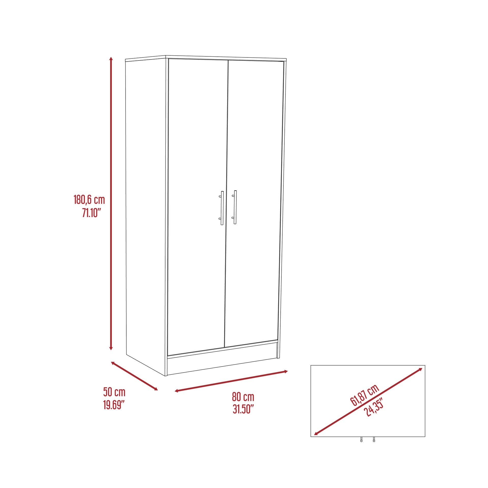 Ambery 180 Armoire, Two Shelves, Double Door, Metal Rod, One Drawer -White