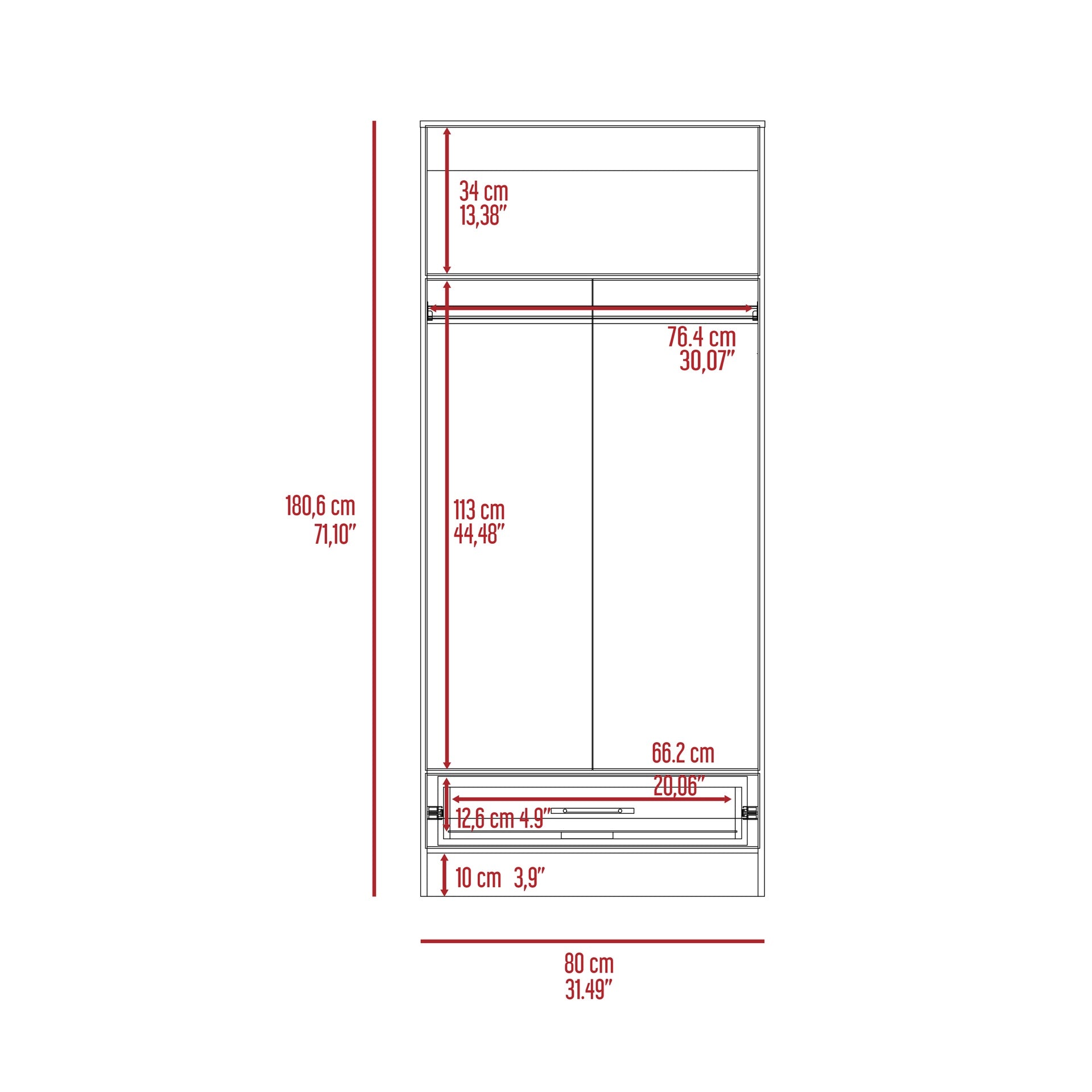 Ambery 180 Armoire, Two Shelves, Double Door, Metal Rod, One Drawer -White