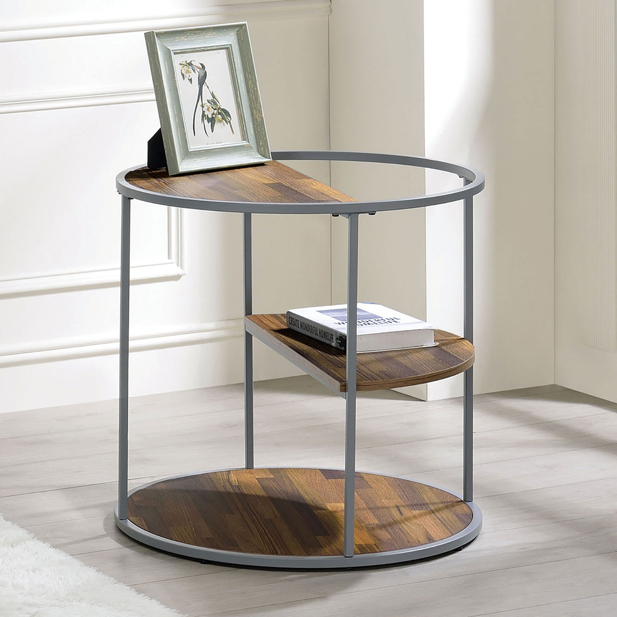Unique Industrial Style Half Shelves 1pc End Table Gray And Walnut Finish With Three Shelves Powder Coated Frame Coffee Table-Not Included