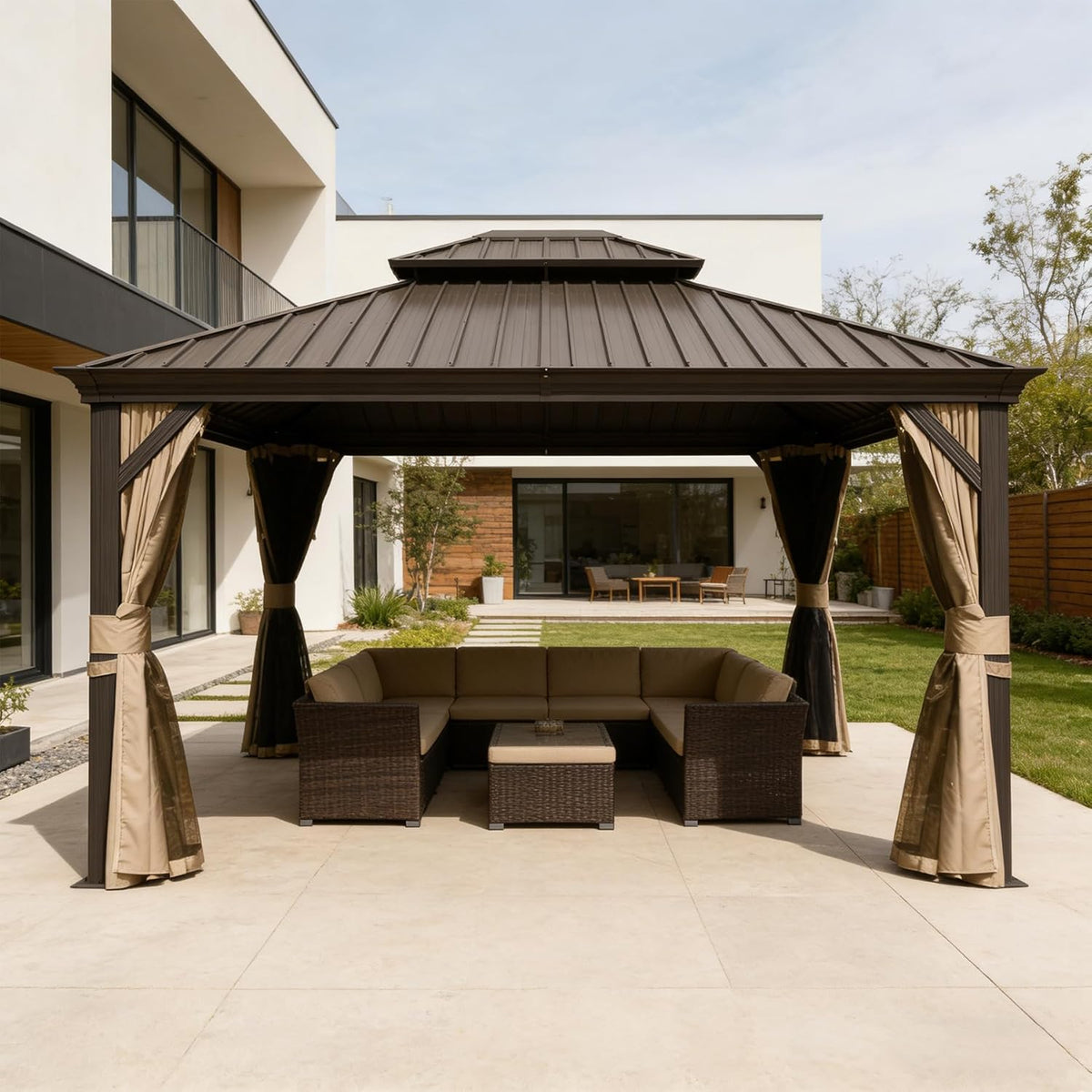 13x15FT Outdoor Gazebo, Hardtop Gazebo with Galvanized Steel Double Roof, Metal Gazebos with Drainage System Patio Pergola for Patio Deck Backyard,Curtain and Netting,Brown
