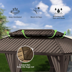 13x15FT Outdoor Gazebo, Hardtop Gazebo with Galvanized Steel Double Roof, Metal Gazebos with Drainage System Patio Pergola for Patio Deck Backyard,Curtain and Netting,Brown