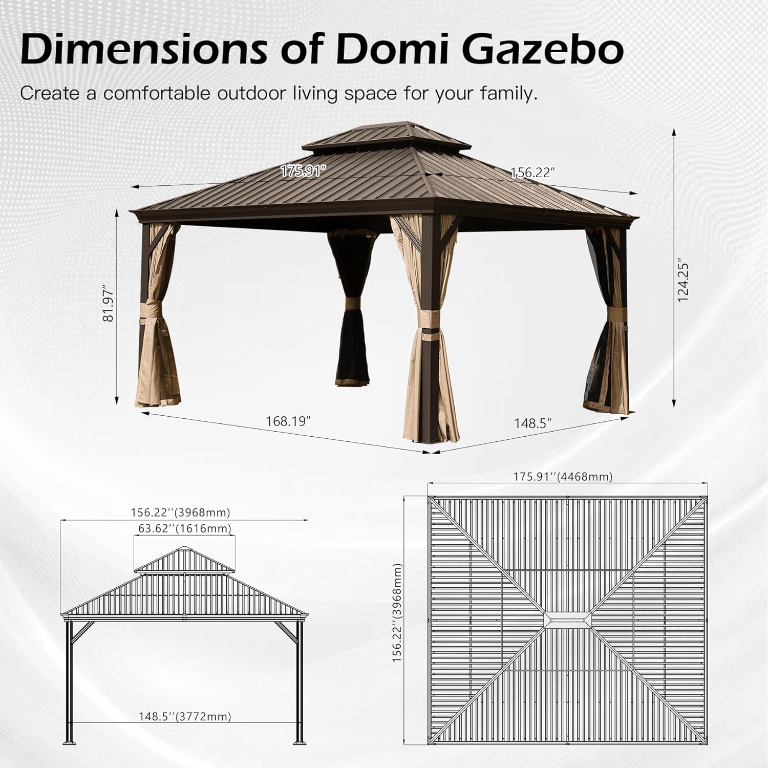 13x15FT Outdoor Gazebo, Hardtop Gazebo with Galvanized Steel Double Roof, Metal Gazebos with Drainage System Patio Pergola for Patio Deck Backyard,Curtain and Netting,Brown