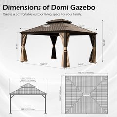 13x15FT Outdoor Gazebo, Hardtop Gazebo with Galvanized Steel Double Roof, Metal Gazebos with Drainage System Patio Pergola for Patio Deck Backyard,Curtain and Netting,Brown