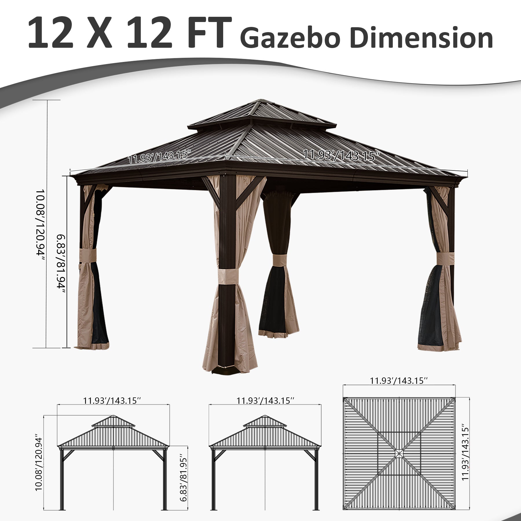 12' X 12' Hardtop Gazebo, Upgraded Metal Gazebo with Drainage System, Dual-Layer Galvanized Steel Roof, Curtain and Netting, Outdoor Shelter Canopy for Patio, Garden, and Backyard, Brown
