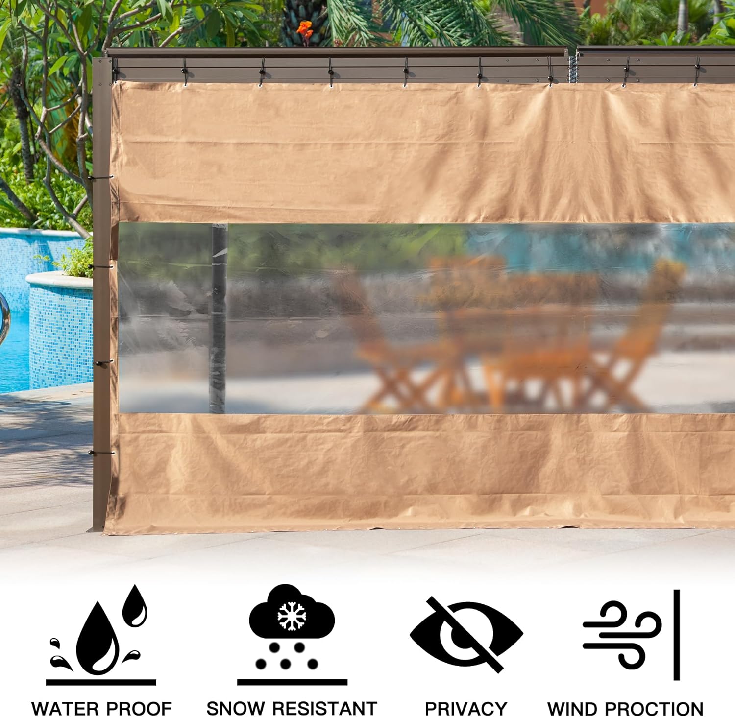 Heavy Duty Outdoor Clear Panel Curtain, 18 oz Waterproof PVC Polyester Curtain, Weather Resistant & Tearproof for Patios, Gazebos, Pergolas, Privacy Screen (10'H x 7'W, Brown)