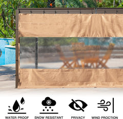 Heavy Duty Outdoor Clear Panel Curtain, 18 oz Waterproof PVC Polyester Curtain, Weather Resistant & Tearproof for Patios, Gazebos, Pergolas, Privacy Screen (10'H x 7'W, Brown)