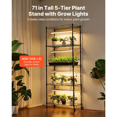 Plant Shelf with Grow Light, 5-Tier Indoor Plant Stand, 71 in Tall Plants Display Rack with Wheels & 4/9/14H Timer, 80W T5 LED Full Spectrum Grow Lights, Flower Pot Holder for Seed Starting
