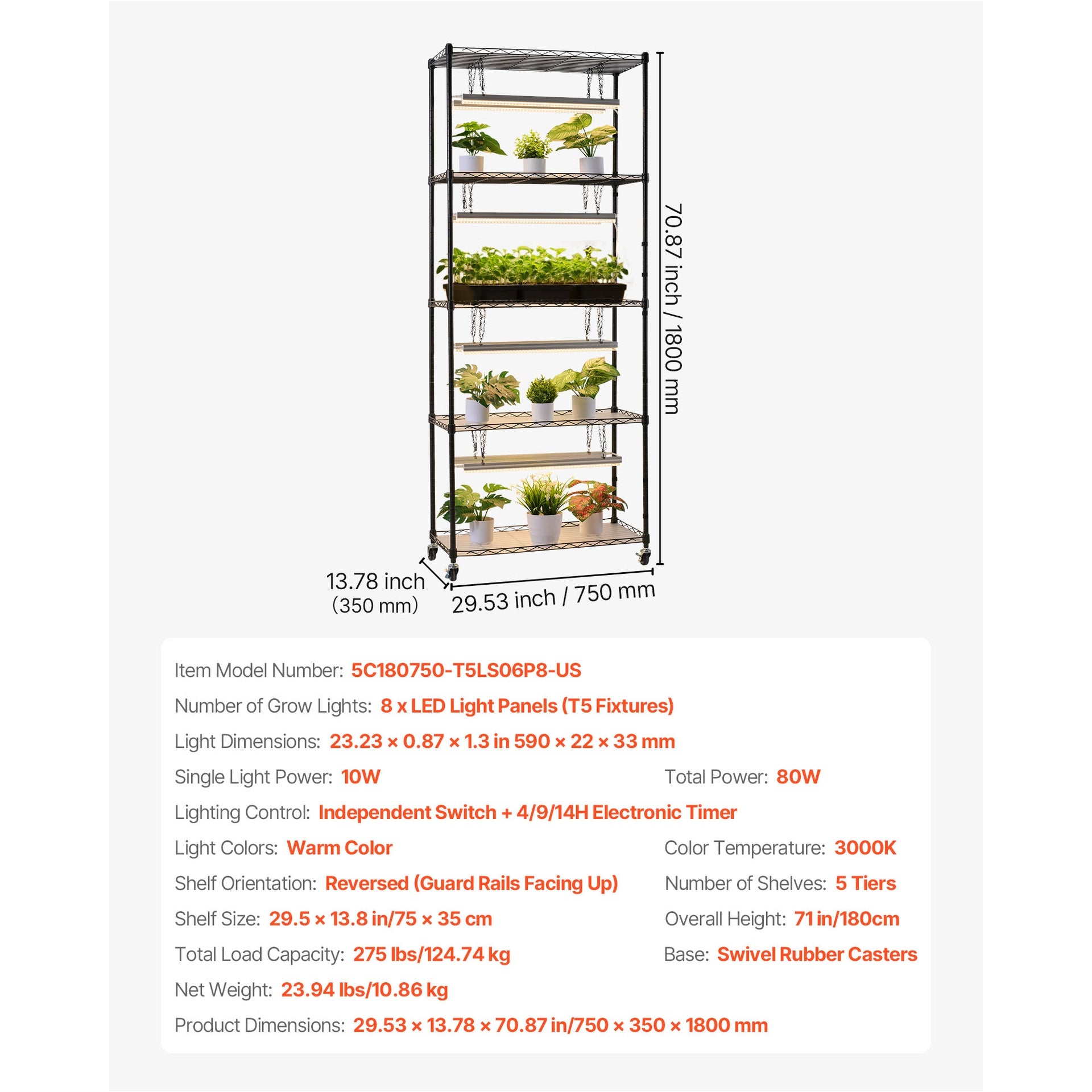 Plant Shelf with Grow Light, 5-Tier Indoor Plant Stand, 71 in Tall Plants Display Rack with Wheels & 4/9/14H Timer, 80W T5 LED Full Spectrum Grow Lights, Flower Pot Holder for Seed Starting