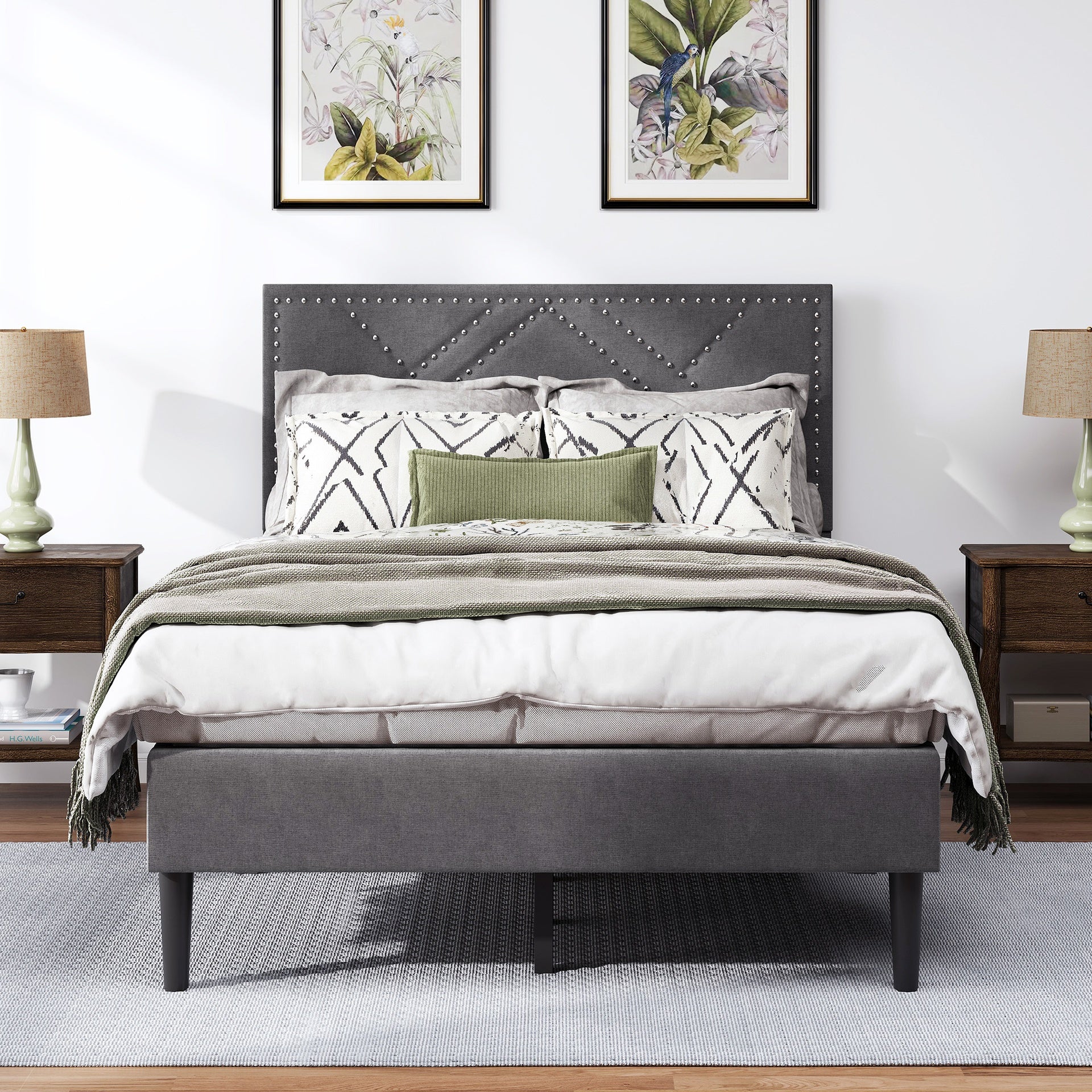 Full Bed Frame, linen storage headboard, strong and stable, no noise,Under Bed Storage, no box spring,Weight 396.8lbs (Carbon Gray)