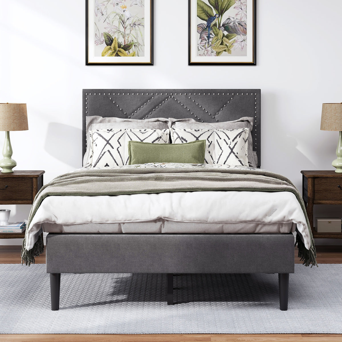 Full Bed Frame, linen storage headboard, strong and stable, no noise,Under Bed Storage, no box spring,Weight 396.8lbs (Carbon Gray)