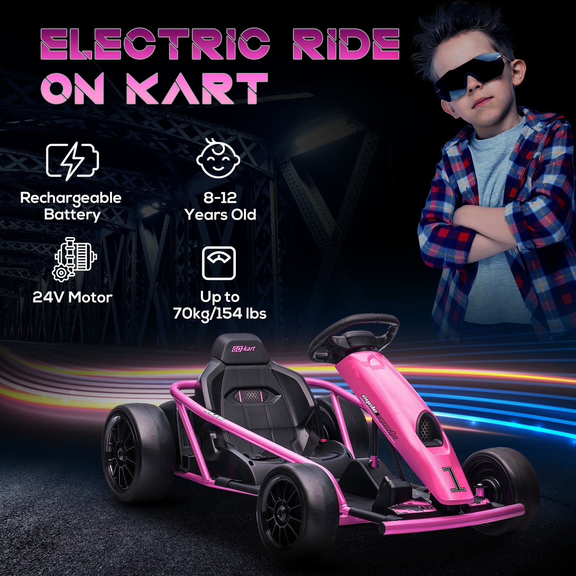 Aosom 24V 8.1 MPH Electric Go Kart, Drifting Car Battery Powered Ride on Toy Outdoor with Slow Start, Music, Horn Honking and Safety Belt, for 8-12 Years Old, Pink