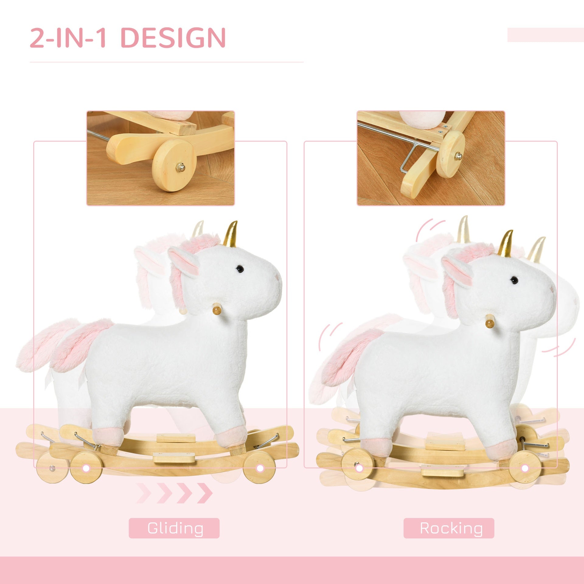 Qaba Rocking Horse, 2 in 1 Kids Ride on Horse, Rolling Unicorn Animal Rocker with Sound, Wooden Base, Pedal, Grip Handle, Plush Riding Pony for 3-6 Years Old, White