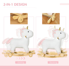 Qaba Rocking Horse, 2 in 1 Kids Ride on Horse, Rolling Unicorn Animal Rocker with Sound, Wooden Base, Pedal, Grip Handle, Plush Riding Pony for 3-6 Years Old, White