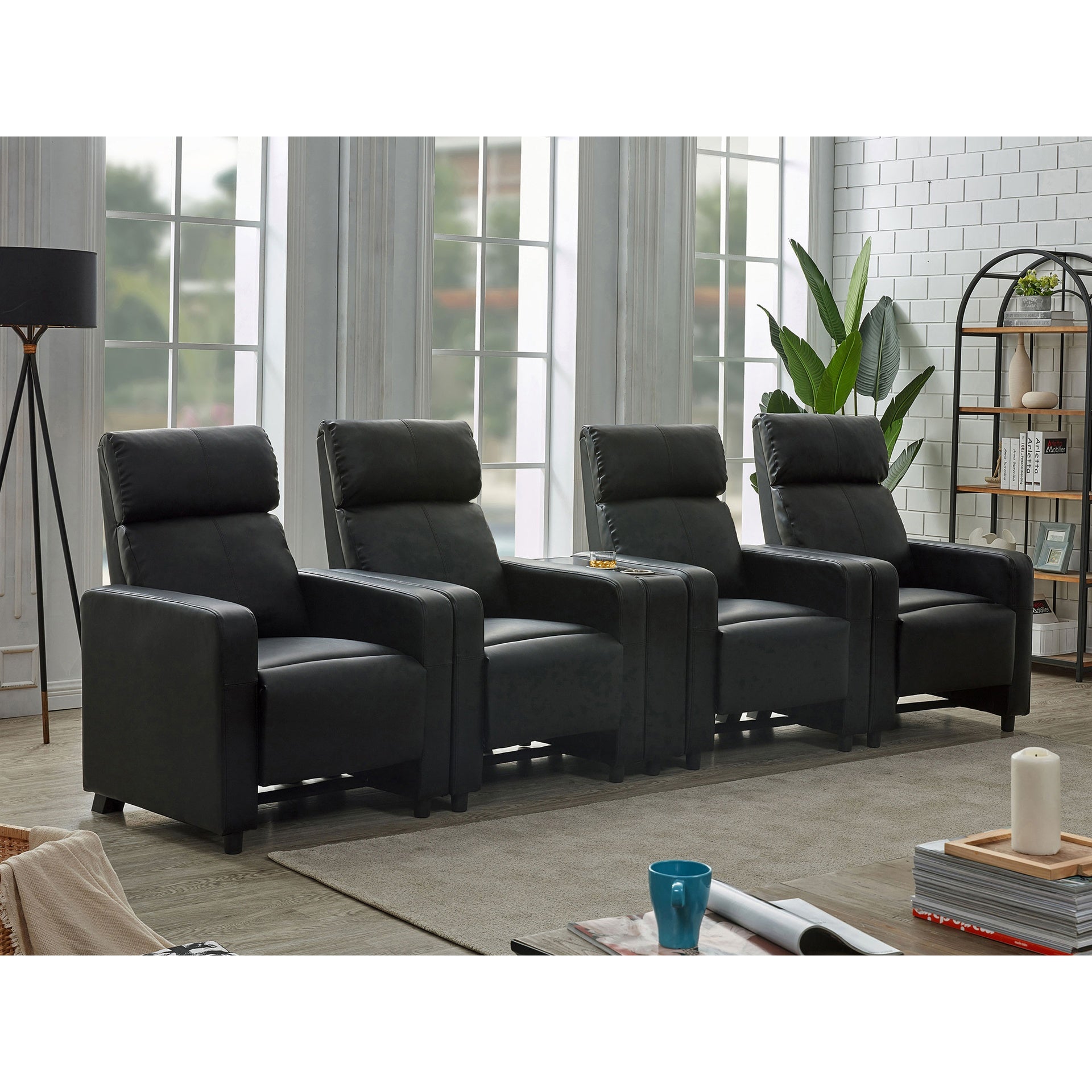 Warren Black Upholstered 4-seater Home Theater with Wedge Console