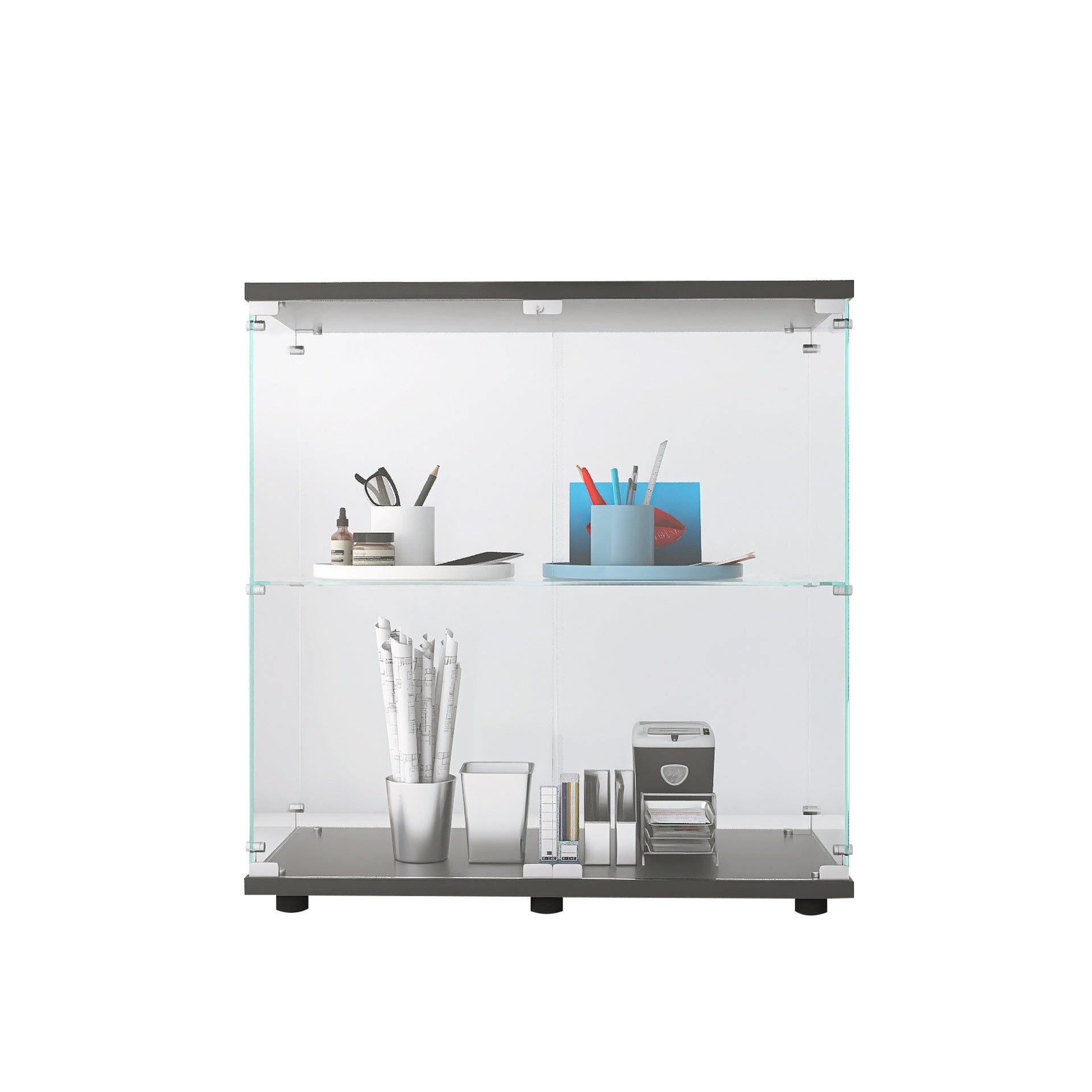 2 Layer Glass Display Cabinet with 2 Doors, Curio Cabinets, Glass Display Cabinet Showcase Countertop with Lock, Tempered Glass with MDF Base