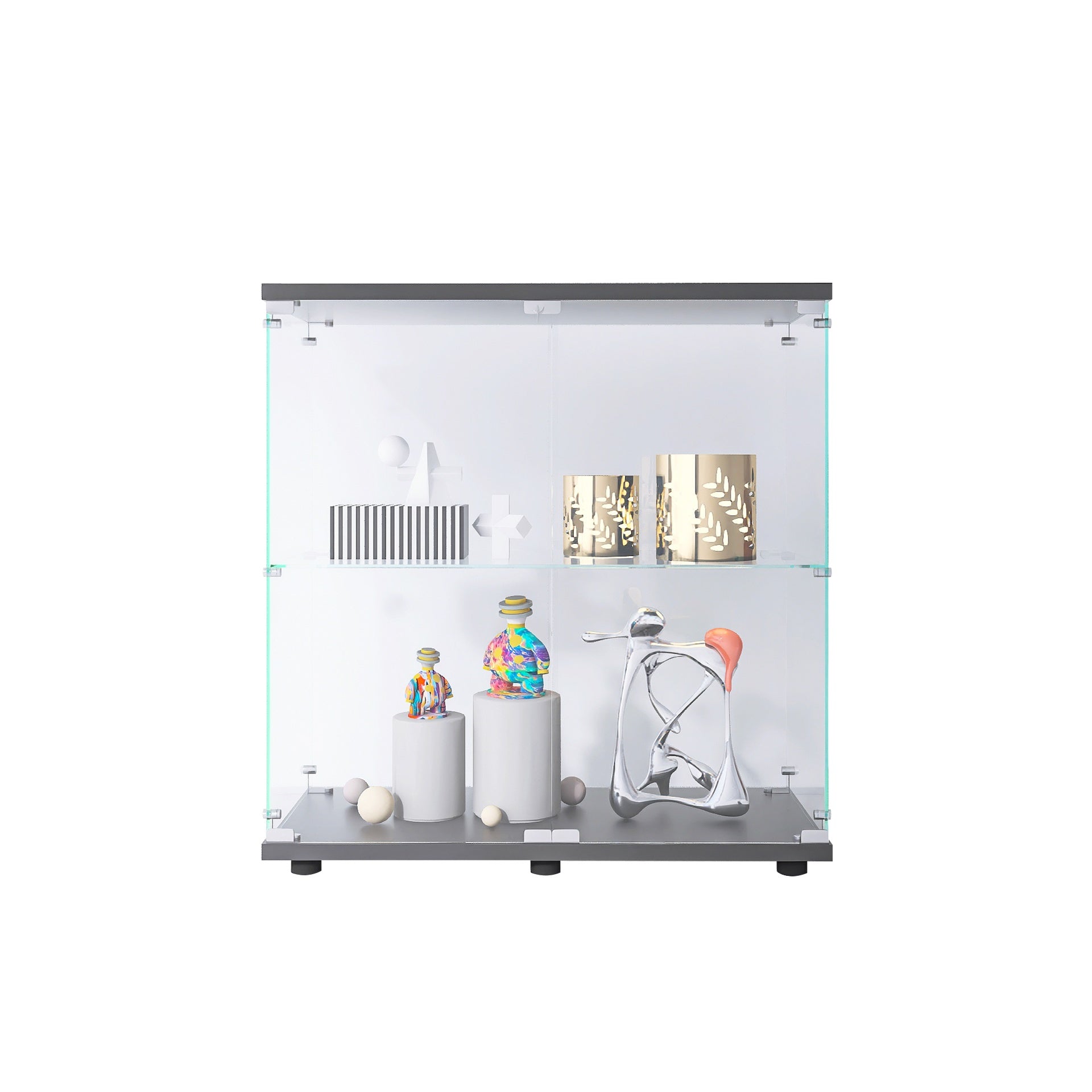 2 Layer Glass Display Cabinet with 2 Doors, Curio Cabinets, Glass Display Cabinet Showcase Countertop with Lock, Tempered Glass with MDF Base
