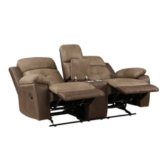 Plush Comfort Brown Microfiber Upholstered Solid Wood Frame Living Room Furniture 1pc Dual Glider Reclining Loveseat with Center Console Plush Arms