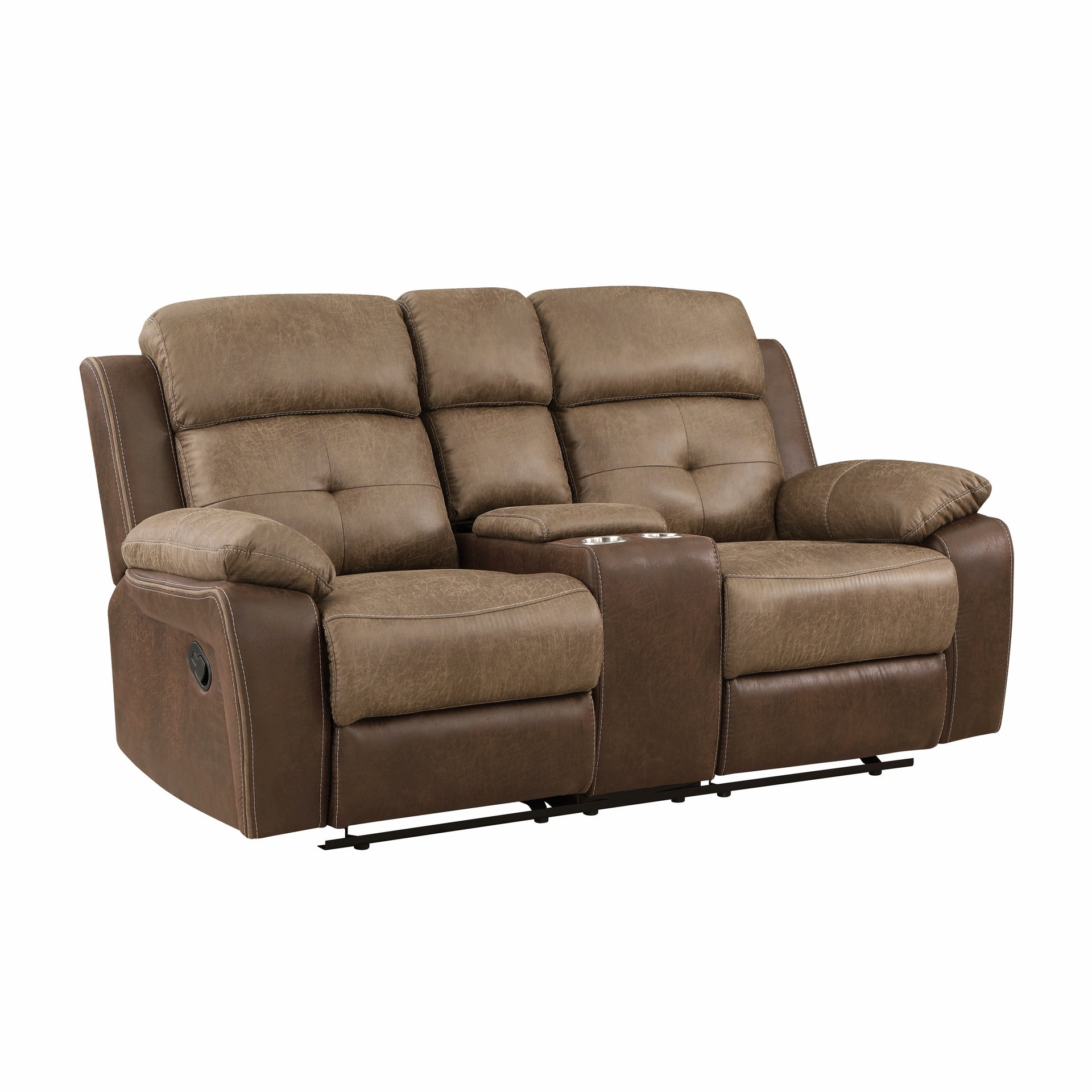 Plush Comfort Brown Microfiber Upholstered Solid Wood Frame Living Room Furniture 1pc Dual Glider Reclining Loveseat with Center Console Plush Arms