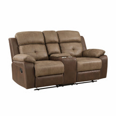 Plush Comfort Brown Microfiber Upholstered Solid Wood Frame Living Room Furniture 1pc Dual Glider Reclining Loveseat with Center Console Plush Arms
